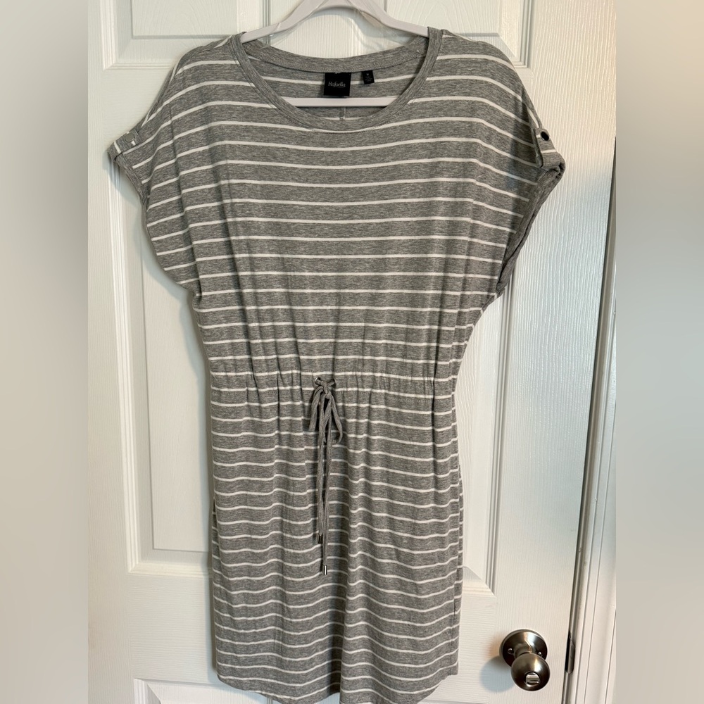 Rafaella Gray & White Striped Short Sleeve Cover-Up Dress With Pockets - Size M